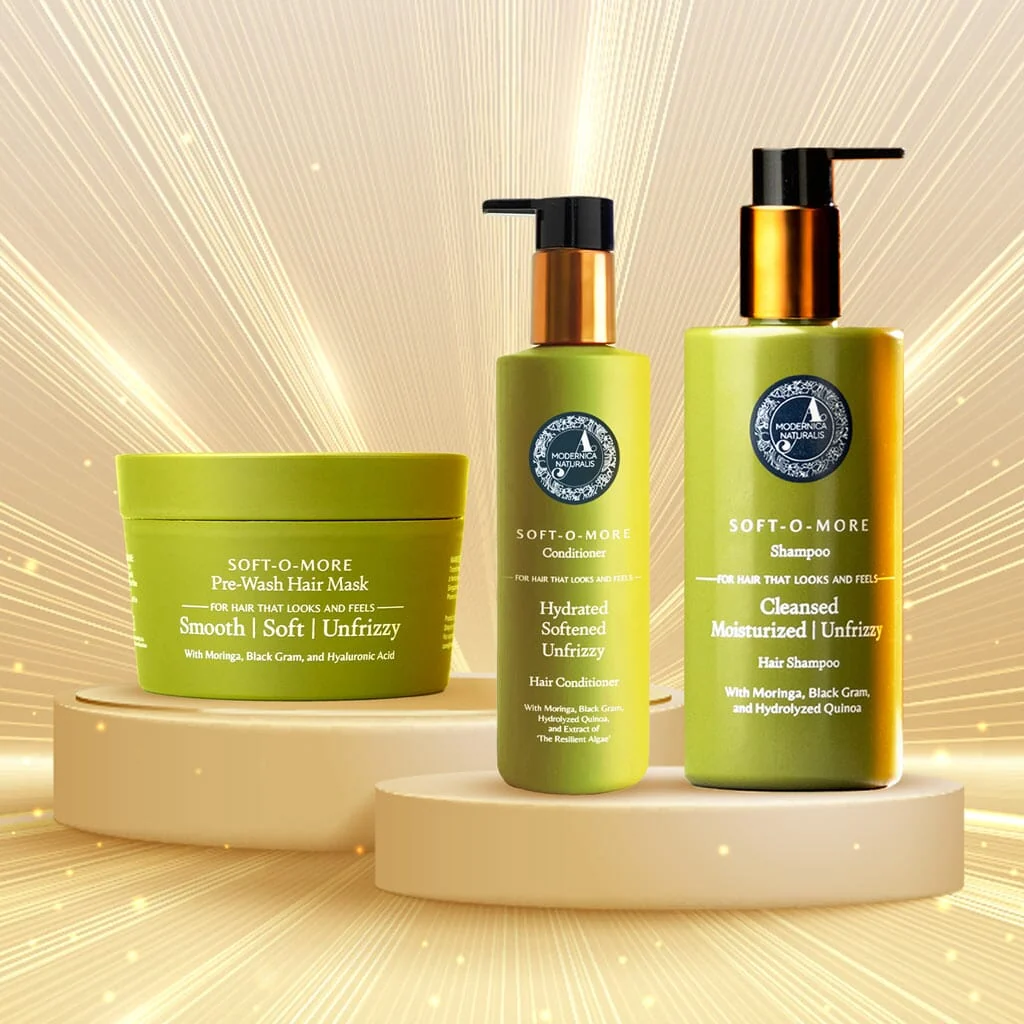 Soft-O-More 3-Step Hair Routine – Smooths, Softens, and Unfrizzes the look of Dry, Dull, Aging Hair – Ayurveda-Based Formula with Moringa and Black Gram – Best Shampoo, Conditioner and Hair Mask Routine For Mature Hair